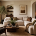 Warm modern living room with cream sectional, walnut coffee table, neutral rug, layered lighting, and textured decor