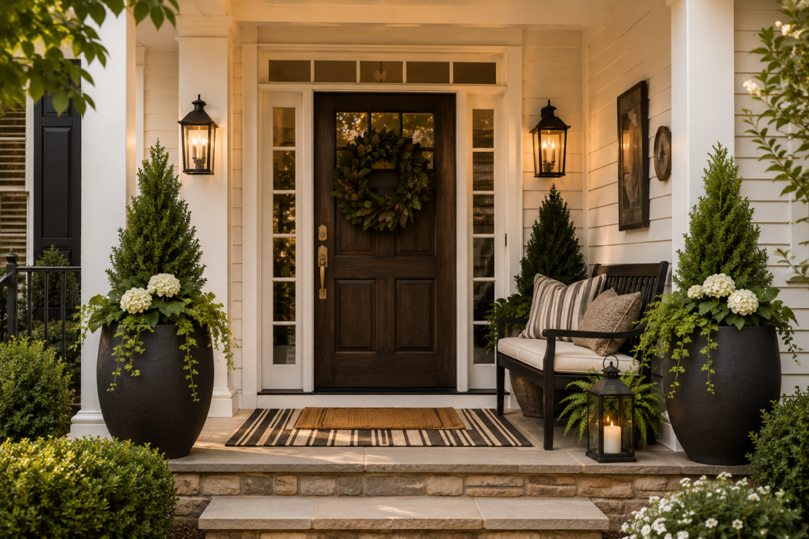 Front porch styled with matching planters, bench, lanterns, and an entry rug