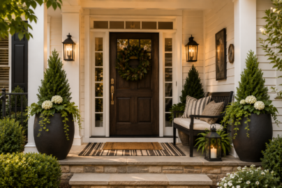 Front porch styled with matching planters, bench, lanterns, and an entry rug