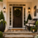 Front porch styled with matching planters, bench, lanterns, and an entry rug
