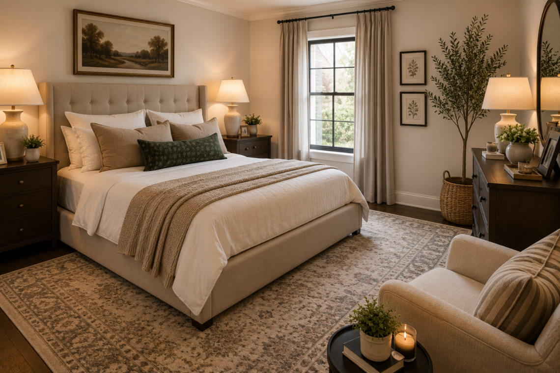 Finished bedroom with coordinated bed, nightstands, lamps, rug, bedding, curtains, and simple wall decor