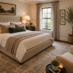 Finished bedroom with coordinated bed, nightstands, lamps, rug, bedding, curtains, and simple wall decor