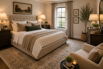 Finished bedroom with coordinated bed, nightstands, lamps, rug, bedding, curtains, and simple wall decor