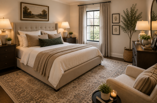 Finished bedroom with coordinated bed, nightstands, lamps, rug, bedding, curtains, and simple wall decor