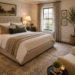 Finished bedroom with coordinated bed, nightstands, lamps, rug, bedding, curtains, and simple wall decor