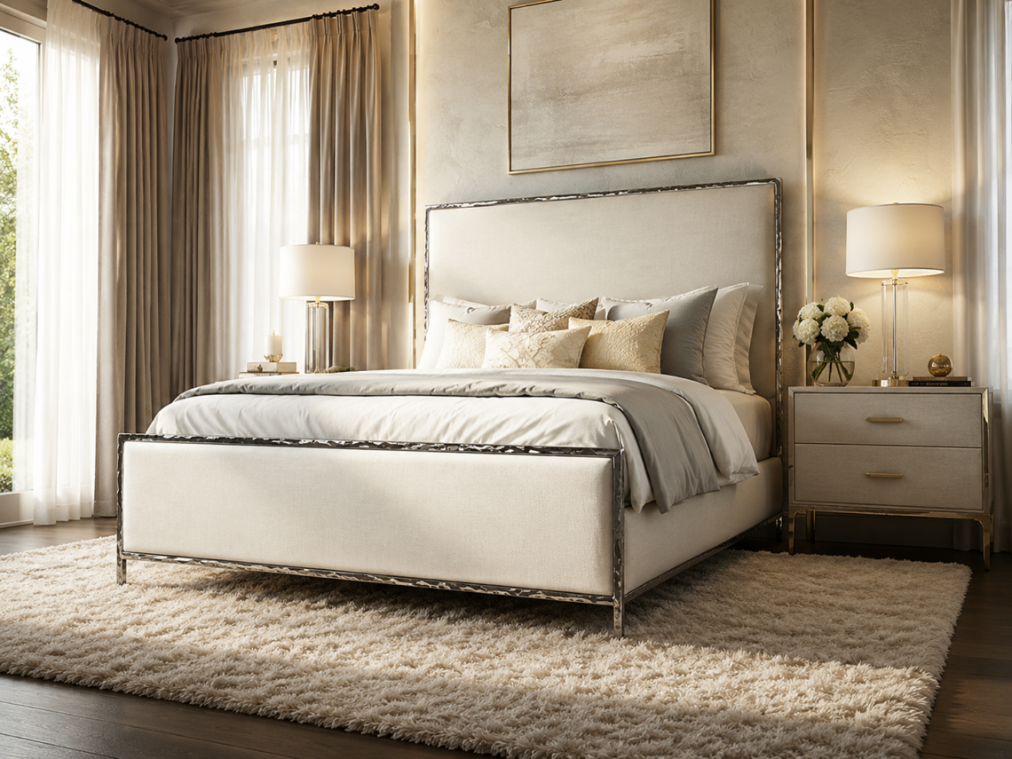 Mysen upholstered bed with neutral linen fabric, chrome metal trim, layered ivory bedding, matching nightstands, and soft modern bedroom decor.