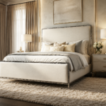 Mysen upholstered bed with neutral linen fabric, chrome metal trim, layered ivory bedding, matching nightstands, and soft modern bedroom decor.