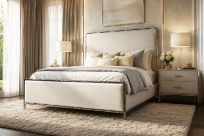 Mysen upholstered bed with neutral linen fabric, chrome metal trim, layered ivory bedding, matching nightstands, and soft modern bedroom decor.