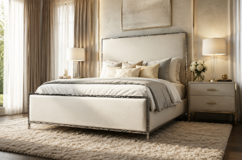 Mysen upholstered bed with neutral linen fabric, chrome metal trim, layered ivory bedding, matching nightstands, and soft modern bedroom decor.