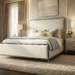 Mysen upholstered bed with neutral linen fabric, chrome metal trim, layered ivory bedding, matching nightstands, and soft modern bedroom decor.