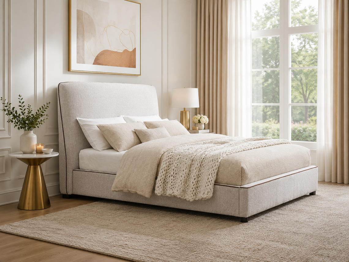 Pacifico upholstered bed with light neutral fabric, curved headboard, warm brown trim, cream bedding, and a textured rug in a bright modern bedroom.