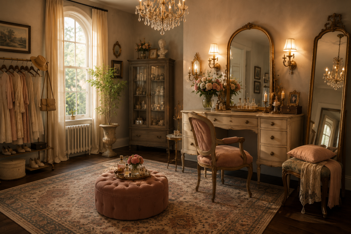 Vintage dressing room with antique vanity, gold mirrors, crystal chandelier, clothing rack, and tufted seating