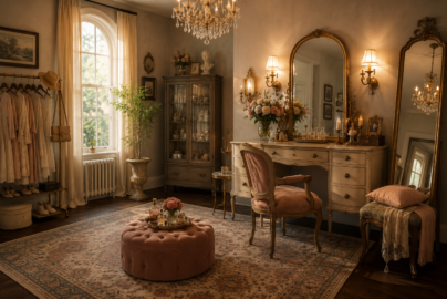 Vintage dressing room with antique vanity, gold mirrors, crystal chandelier, clothing rack, and tufted seating