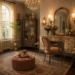 Vintage dressing room with antique vanity, gold mirrors, crystal chandelier, clothing rack, and tufted seating