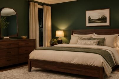 Bedroom with dark walnut furniture against a deep forest green accent wall
