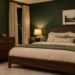 Bedroom with dark walnut furniture against a deep forest green accent wall