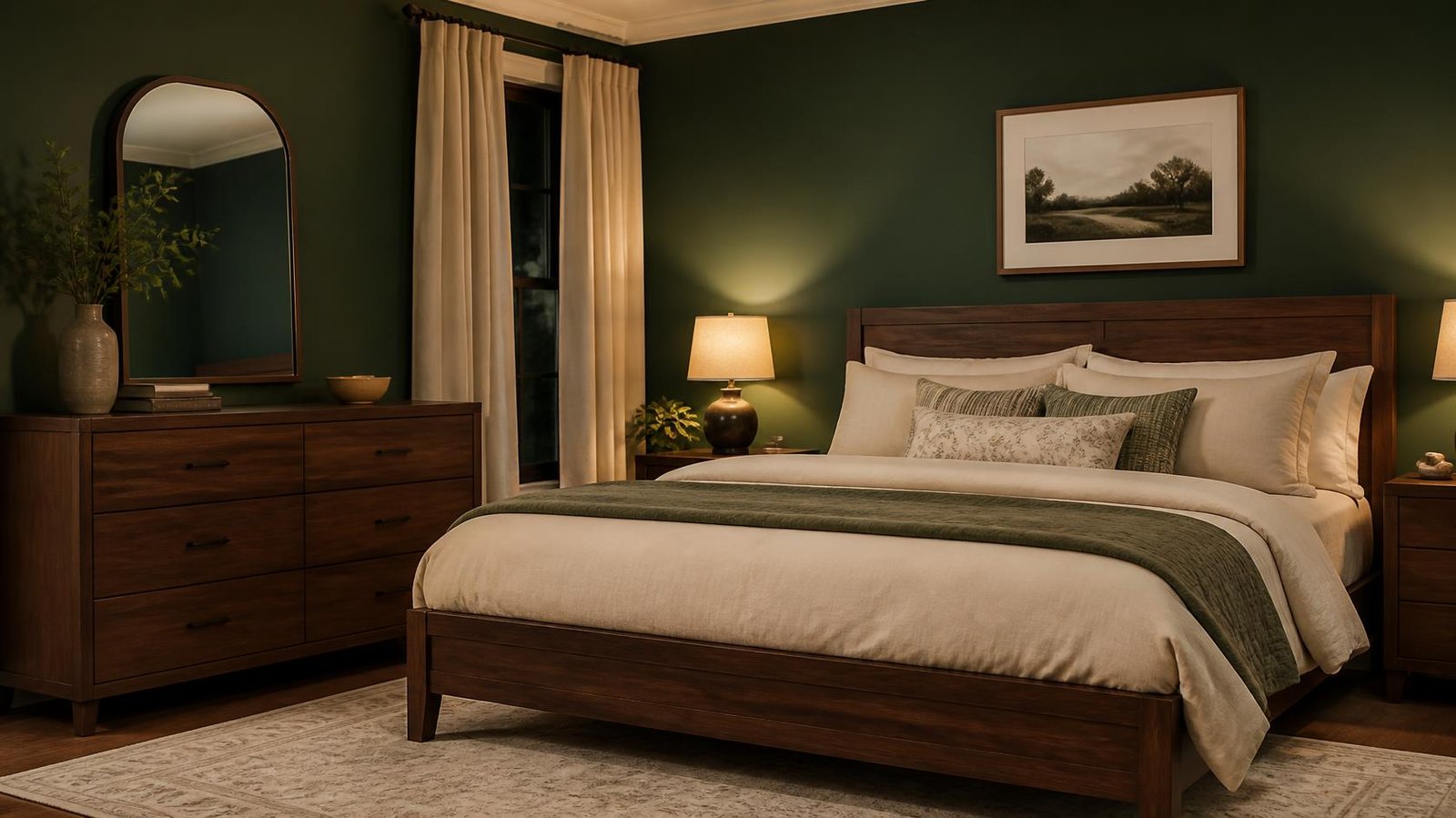 Bedroom with dark walnut furniture against a deep forest green accent wall
