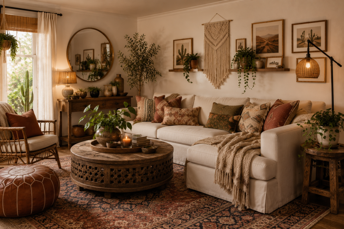 Collected boho living room with layered textiles, vintage rug, rattan chair, plants and warm earthy decor