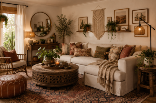 Collected boho living room with layered textiles, vintage rug, rattan chair, plants and warm earthy decor