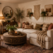 Collected boho living room with layered textiles, vintage rug, rattan chair, plants and warm earthy decor