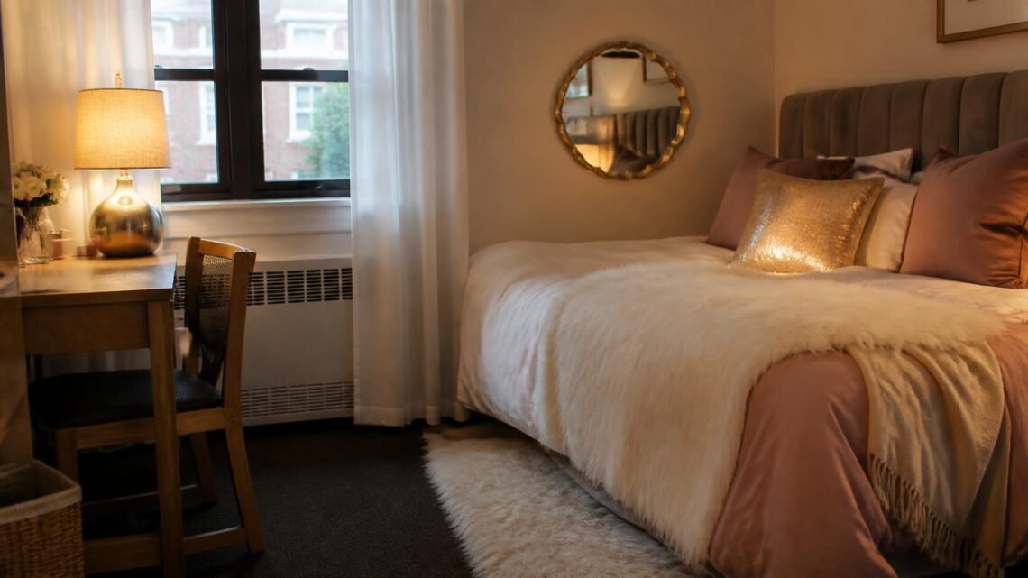 Glam-styled dorm room with faux fur throw, scalloped mirror, and metallic accents