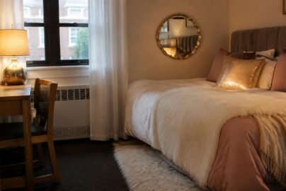 Glam-styled dorm room with faux fur throw, scalloped mirror, and metallic accents
