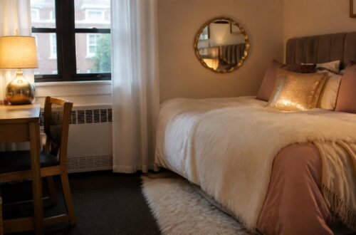Glam-styled dorm room with faux fur throw, scalloped mirror, and metallic accents