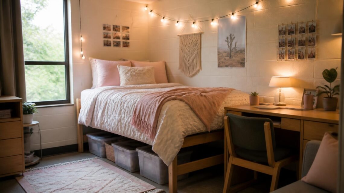 Styled dorm room with made bed, string lights, desk with lamp, and under-bed storage