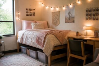 Styled dorm room with made bed, string lights, desk with lamp, and under-bed storage