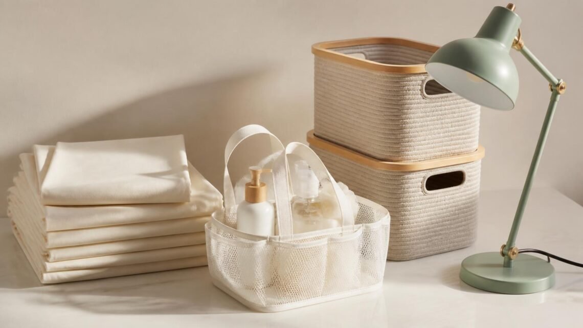 Flat lay of dorm essentials including bedding, shower caddy, storage bins, and a desk lamp
