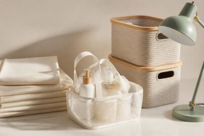 Flat lay of dorm essentials including bedding, shower caddy, storage bins, and a desk lamp