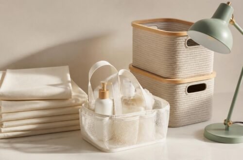 Flat lay of dorm essentials including bedding, shower caddy, storage bins, and a desk lamp