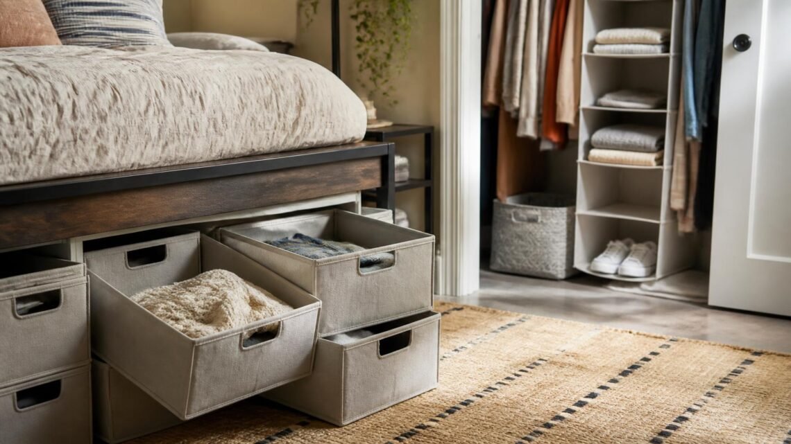 Stackable storage bins under a lofted dorm bed with an organized closet in the background