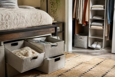 Stackable storage bins under a lofted dorm bed with an organized closet in the background