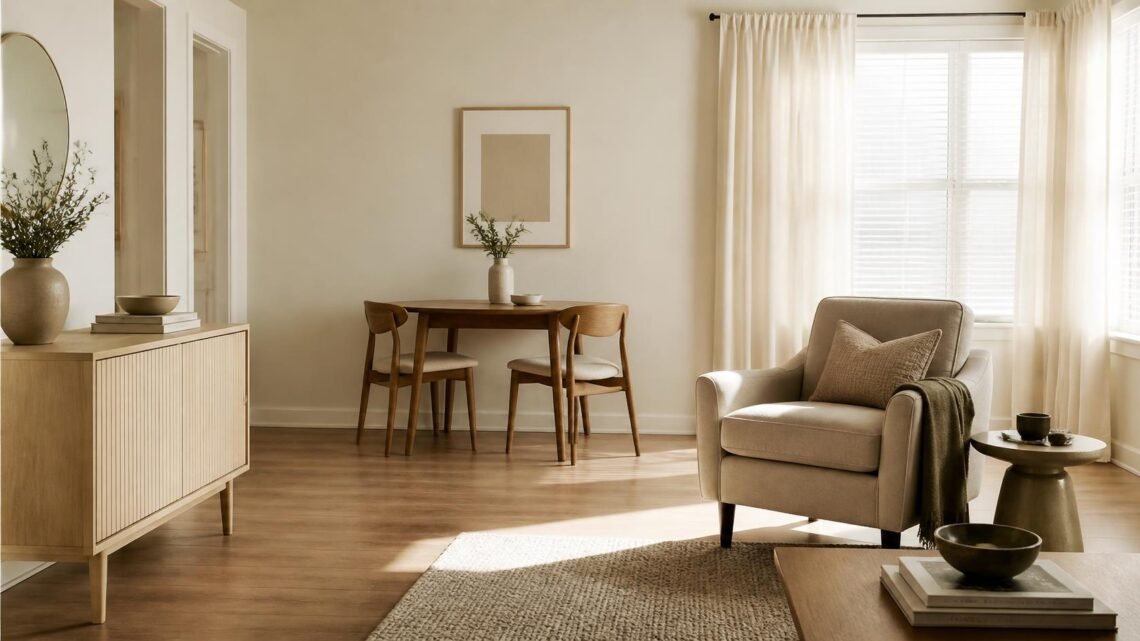 First apartment living space with one accent chair, small dining table, and closed storage dresser