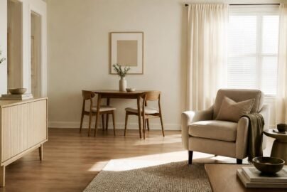 First apartment living space with one accent chair, small dining table, and closed storage dresser