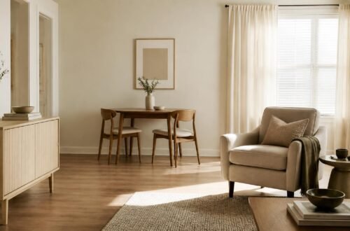 First apartment living space with one accent chair, small dining table, and closed storage dresser
