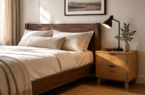 Bedroom mixing walnut bed frame with lighter oak nightstand, bridged by a black lamp