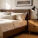 Bedroom mixing walnut bed frame with lighter oak nightstand, bridged by a black lamp