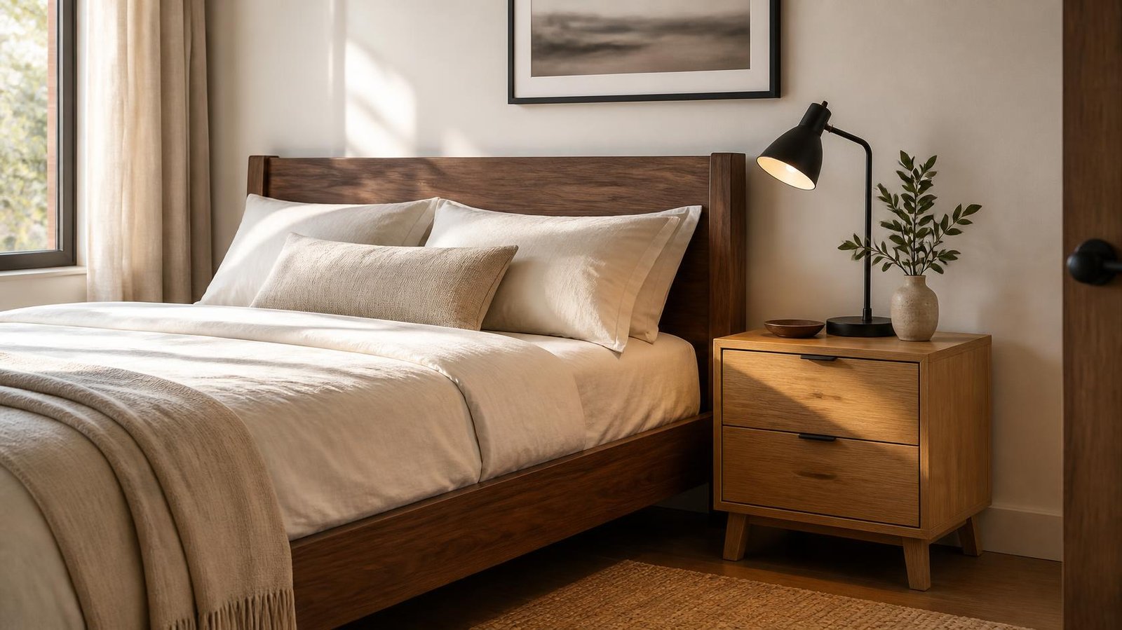 Bedroom mixing walnut bed frame with lighter oak nightstand, bridged by a black lamp