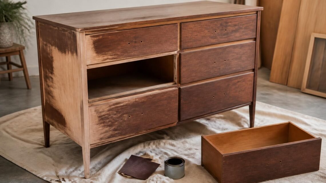 Vintage wood dresser mid-refinishing with sandpaper and stain visible