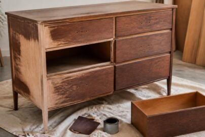 Vintage wood dresser mid-refinishing with sandpaper and stain visible
