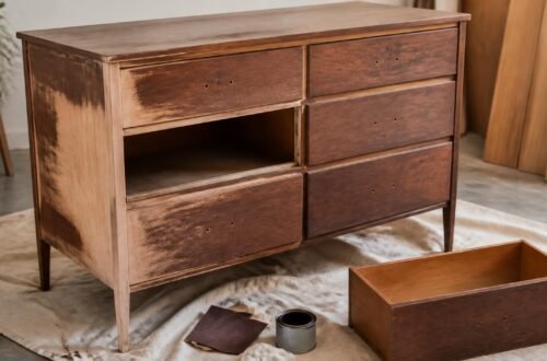 Vintage wood dresser mid-refinishing with sandpaper and stain visible