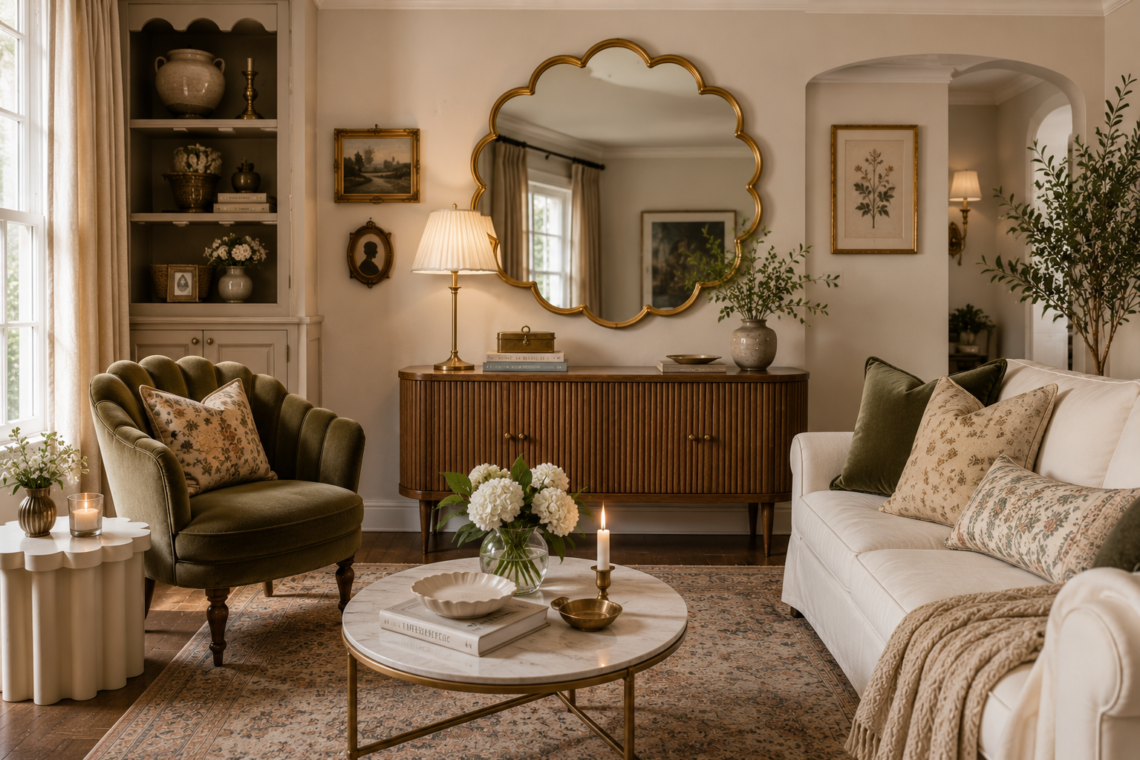 Elegant living room with scalloped brass mirror, scalloped accent chair and restrained scalloped decor
