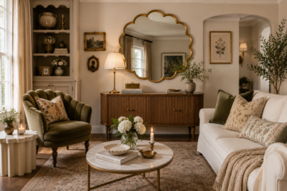 Elegant living room with scalloped brass mirror, scalloped accent chair and restrained scalloped decor