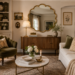 Elegant living room with scalloped brass mirror, scalloped accent chair and restrained scalloped decor