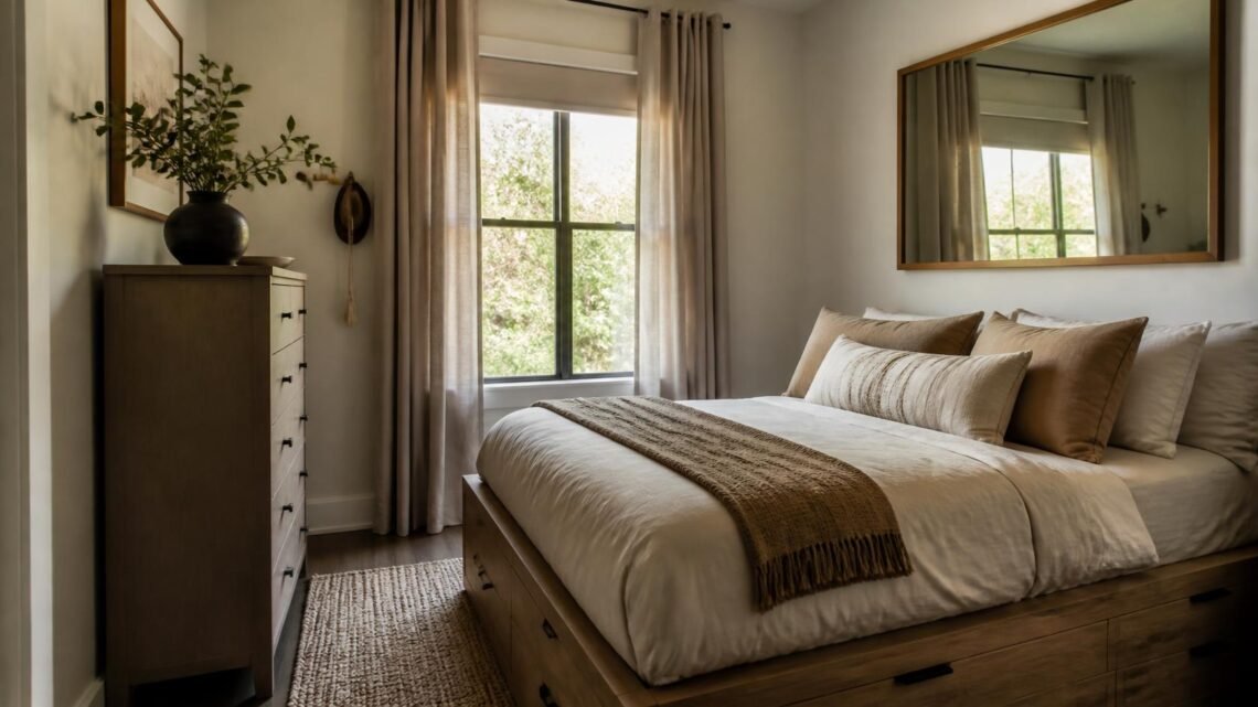 Small bedroom with platform storage bed, tall narrow dresser, and large wall mirror