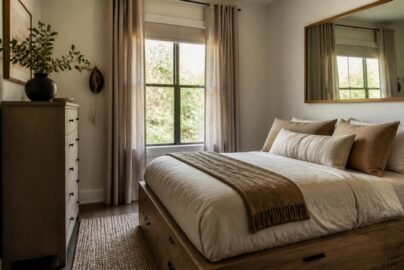 Small bedroom with platform storage bed, tall narrow dresser, and large wall mirror