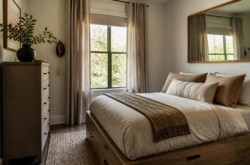 Small bedroom with platform storage bed, tall narrow dresser, and large wall mirror