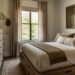 Small bedroom with platform storage bed, tall narrow dresser, and large wall mirror